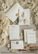 WEDDING INVITATIONS embossed invites  Fine Art Embossed Ivory Gold Wedding Invitation with  torn chiffone bow, Golden deboss Roses Floral Wedding Invitation,15