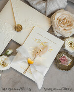 WEDDING INVITATIONS embossed invites  Fine Art Embossed Blind Ivory Gold Wedding Invitation with torn chiffon bow and dried flowers, Golden deboss Floral Wedding Invitation, Boho Ecru Debossed Invitation suite with mirror heart17