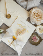 WEDDING INVITATIONS embossed invites  Fine Art Embossed Blind Ivory Gold Wedding Invitation with torn chiffon bow and dried flowers, Golden deboss Floral Wedding Invitation, Boho Ecru Debossed Invitation suite with mirror heart17