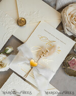 WEDDING INVITATIONS embossed invites  Fine Art Embossed Blind Ivory Gold Wedding Invitation with torn chiffon bow and dried flowers, Golden deboss Floral Wedding Invitation, Boho Ecru Debossed Invitation suite with mirror heart17