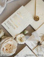 WEDDING INVITATIONS embossed invites  Fine Art Embossed Blind Ivory Gold Wedding Invitation with torn chiffon bow and dried flowers, Golden deboss Floral Wedding Invitation, Boho Ecru Debossed Invitation suite with mirror heart17