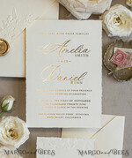 WEDDING INVITATIONS embossed invites  Fine Art Embossed Blind Ivory Gold Wedding Invitation with torn chiffon bow and dried flowers, Golden deboss Floral Wedding Invitation, Boho Ecru Debossed Invitation suite with mirror heart17