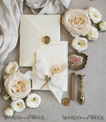 WEDDING INVITATIONS embossed invites  Fine Art Embossed Blind Ivory Gold Wedding Invitation with torn chiffon bow and dried flowers, Golden deboss Floral Wedding Invitation, Boho Ecru Debossed Invitation suite with mirror heart17