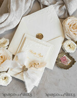 WEDDING INVITATIONS embossed invites  Fine Art Embossed Blind Ivory Gold Wedding Invitation with torn chiffon bow and dried flowers, Golden deboss Floral Wedding Invitation, Boho Ecru Debossed Invitation suite with mirror heart17