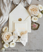WEDDING INVITATIONS embossed invites  Fine Art Embossed Blind Ivory Gold Wedding Invitation with torn chiffon bow and dried flowers, Golden deboss Floral Wedding Invitation, Boho Ecru Debossed Invitation suite with mirror heart17