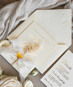 WEDDING INVITATIONS embossed invites  Fine Art Embossed Blind Ivory Gold Wedding Invitation with torn chiffon bow and dried flowers, Golden deboss Floral Wedding Invitation, Boho Ecru Debossed Invitation suite with mirror heart17