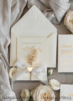 WEDDING INVITATIONS embossed invites  Fine Art Embossed Blind Ivory Gold Wedding Invitation with torn chiffon bow and dried flowers, Golden deboss Floral Wedding Invitation, Boho Ecru Debossed Invitation suite with mirror heart17