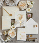 WEDDING INVITATIONS embossed invites  Fine Art Embossed Blind Ivory Gold Wedding Invitation with torn chiffon bow and dried flowers, Golden deboss Floral Wedding Invitation, Boho Ecru Debossed Invitation suite with mirror heart17