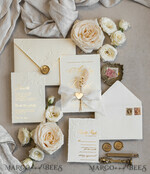 WEDDING INVITATIONS embossed invites  Fine Art Embossed Blind Ivory Gold Wedding Invitation with torn chiffon bow and dried flowers, Golden deboss Floral Wedding Invitation, Boho Ecru Debossed Invitation suite with mirror heart17