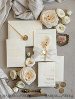 WEDDING INVITATIONS embossed invites  Fine Art Embossed Blind Ivory Gold Wedding Invitation with torn chiffon bow and dried flowers, Golden deboss Floral Wedding Invitation, Boho Ecru Debossed Invitation suite with mirror heart17