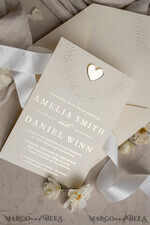 WEDDING INVITATIONS embossed invites  Fine Art Embossed Blind Ivory Gold Wedding Invitation, Golden deboss Floral Wedding Invitation, Boho Ecru Debossed Invitation suite,  Cotton paper wedding invitation suite with mirror heart27