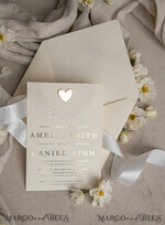 WEDDING INVITATIONS embossed invites  Fine Art Embossed Blind Ivory Gold Wedding Invitation, Golden deboss Floral Wedding Invitation, Boho Ecru Debossed Invitation suite,  Cotton paper wedding invitation suite with mirror heart27