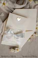 WEDDING INVITATIONS embossed invites  Fine Art Embossed Blind Ivory Gold Wedding Invitation, Golden deboss Floral Wedding Invitation, Boho Ecru Debossed Invitation suite,  Cotton paper wedding invitation suite with mirror heart27