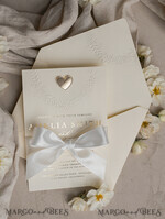 WEDDING INVITATIONS embossed invites  Fine Art Embossed Blind Ivory Gold Wedding Invitation, Golden deboss Floral Wedding Invitation, Boho Ecru Debossed Invitation suite,  Cotton paper wedding invitation suite with mirror heart27