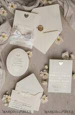 WEDDING INVITATIONS embossed invites  Fine Art Embossed Blind Ivory Gold Wedding Invitation, Golden deboss Floral Wedding Invitation, Boho Ecru Debossed Invitation suite,  Cotton paper wedding invitation suite with mirror heart27