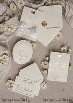 WEDDING INVITATIONS embossed invites  Fine Art Embossed Blind Ivory Gold Wedding Invitation, Golden deboss Floral Wedding Invitation, Boho Ecru Debossed Invitation suite,  Cotton paper wedding invitation suite with mirror heart27