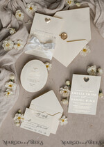 WEDDING INVITATIONS embossed invites  Fine Art Embossed Blind Ivory Gold Wedding Invitation, Golden deboss Floral Wedding Invitation, Boho Ecru Debossed Invitation suite,  Cotton paper wedding invitation suite with mirror heart27
