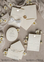 WEDDING INVITATIONS embossed invites  Fine Art Embossed Blind Ivory Gold Wedding Invitation, Golden deboss Floral Wedding Invitation, Boho Ecru Debossed Invitation suite,  Cotton paper wedding invitation suite with mirror heart27
