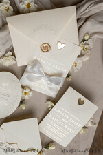 WEDDING INVITATIONS embossed invites  Fine Art Embossed Blind Ivory Gold Wedding Invitation, Golden deboss Floral Wedding Invitation, Boho Ecru Debossed Invitation suite,  Cotton paper wedding invitation suite with mirror heart27