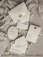 WEDDING INVITATIONS embossed invites  Fine Art Embossed Blind Ivory Gold Wedding Invitation, Golden deboss Floral Wedding Invitation, Boho Ecru Debossed Invitation suite,  Cotton paper wedding invitation suite with mirror heart27