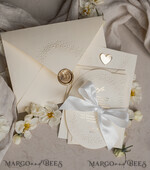 WEDDING INVITATIONS embossed invites  Fine Art Embossed Blind Ivory Gold Wedding Invitation, Golden deboss Floral Wedding Invitation, Boho Ecru Debossed Invitation suite,  Cotton paper wedding invitation suite with mirror heart27