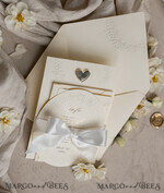 WEDDING INVITATIONS embossed invites  Fine Art Embossed Blind Ivory Gold Wedding Invitation, Golden deboss Floral Wedding Invitation, Boho Ecru Debossed Invitation suite,  Cotton paper wedding invitation suite with mirror heart27