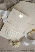 WEDDING INVITATIONS embossed invites  Fine Art Embossed Blind Ivory Gold Wedding Invitation, Golden deboss Floral Wedding Invitation, Boho Ecru Debossed Invitation suite,  Cotton paper wedding invitation suite with mirror heart27