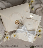 WEDDING INVITATIONS embossed invites  Fine Art Embossed Blind Ivory Gold Wedding Invitation, Golden deboss Floral Wedding Invitation, Boho Ecru Debossed Invitation suite,  Cotton paper wedding invitation suite with mirror heart27