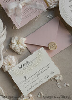 WEDDING INVITATIONS embossed invites  Fine Art Embossed Blind Ivory Gold Wedding Invitation, Golden deboss Floral Wedding Invitation, Boho Ecru Debossed Invitation suite,  Cotton paper wedding invitation suite with mirror heart15