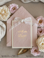 WEDDING INVITATIONS embossed invites  Fine Art Embossed Blind Ivory Gold Wedding Invitation with torn chiffon bow and dried flowers, Golden deboss Floral Wedding Invitation, Boho Ecru Debossed Invitation suite with mirror heart18
