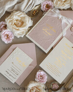 WEDDING INVITATIONS embossed invites  Fine Art Embossed Blind Ivory Gold Wedding Invitation with torn chiffon bow and dried flowers, Golden deboss Floral Wedding Invitation, Boho Ecru Debossed Invitation suite with mirror heart18