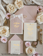 WEDDING INVITATIONS embossed invites  Fine Art Embossed Blind Ivory Gold Wedding Invitation with torn chiffon bow and dried flowers, Golden deboss Floral Wedding Invitation, Boho Ecru Debossed Invitation suite with mirror heart18