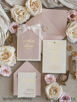 WEDDING INVITATIONS embossed invites  Fine Art Embossed Blind Ivory Gold Wedding Invitation with torn chiffon bow and dried flowers, Golden deboss Floral Wedding Invitation, Boho Ecru Debossed Invitation suite with mirror heart18
