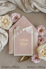 WEDDING INVITATIONS embossed invites  Fine Art Embossed Blind Ivory Gold Wedding Invitation with torn chiffon bow and dried flowers, Golden deboss Floral Wedding Invitation, Boho Ecru Debossed Invitation suite with mirror heart18