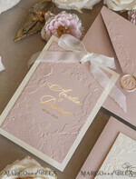WEDDING INVITATIONS embossed invites  Fine Art Embossed Blind Ivory Gold Wedding Invitation with torn chiffon bow and dried flowers, Golden deboss Floral Wedding Invitation, Boho Ecru Debossed Invitation suite with mirror heart18