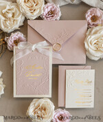 WEDDING INVITATIONS embossed invites  Fine Art Embossed Blind Ivory Gold Wedding Invitation with torn chiffon bow and dried flowers, Golden deboss Floral Wedding Invitation, Boho Ecru Debossed Invitation suite with mirror heart18