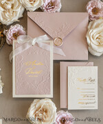 WEDDING INVITATIONS embossed invites  Fine Art Embossed Blind Ivory Gold Wedding Invitation with torn chiffon bow and dried flowers, Golden deboss Floral Wedding Invitation, Boho Ecru Debossed Invitation suite with mirror heart18