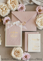 WEDDING INVITATIONS embossed invites  Fine Art Embossed Blind Ivory Gold Wedding Invitation with torn chiffon bow and dried flowers, Golden deboss Floral Wedding Invitation, Boho Ecru Debossed Invitation suite with mirror heart18