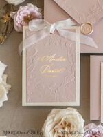 WEDDING INVITATIONS embossed invites  Fine Art Embossed Blind Ivory Gold Wedding Invitation with torn chiffon bow and dried flowers, Golden deboss Floral Wedding Invitation, Boho Ecru Debossed Invitation suite with mirror heart18