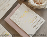 WEDDING INVITATIONS embossed invites  Fine Art Embossed Blind Ivory Gold Wedding Invitation with torn chiffon bow and dried flowers, Golden deboss Floral Wedding Invitation, Boho Ecru Debossed Invitation suite with mirror heart18
