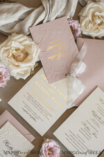 WEDDING INVITATIONS embossed invites  Fine Art Embossed Blind Ivory Gold Wedding Invitation with torn chiffon bow and dried flowers, Golden deboss Floral Wedding Invitation, Boho Ecru Debossed Invitation suite with mirror heart18