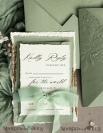 WEDDING INVITATIONS embossed invites  Bespoke Embossed Blind Sage green Gold Wedding Invitation, Golden greenery deboss Roses Floral Wedding Invitation, Boho Ecru Garden Debossed Invitation suite,  Cotton paper wedding invitation suite, Deckled Edge Invites, Torn Edge Wedding Invitations golden33