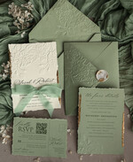 WEDDING INVITATIONS embossed invites  Bespoke Embossed Blind Sage green Gold Wedding Invitation, Golden greenery deboss Roses Floral Wedding Invitation, Boho Ecru Garden Debossed Invitation suite,  Cotton paper wedding invitation suite, Deckled Edge Invites, Torn Edge Wedding Invitations golden33