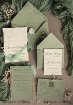 WEDDING INVITATIONS embossed invites  Bespoke Embossed Blind Sage green Gold Wedding Invitation, Golden greenery deboss Roses Floral Wedding Invitation, Boho Ecru Garden Debossed Invitation suite,  Cotton paper wedding invitation suite, Deckled Edge Invites, Torn Edge Wedding Invitations golden33