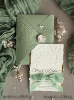 WEDDING INVITATIONS embossed invites  Bespoke Embossed Blind Sage green Gold Wedding Invitation, Golden greenery deboss Roses Floral Wedding Invitation, Boho Ecru Garden Debossed Invitation suite,  Cotton paper wedding invitation suite, Deckled Edge Invites, Torn Edge Wedding Invitations golden33