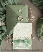 WEDDING INVITATIONS embossed invites  Bespoke Embossed Blind Sage green Gold Wedding Invitation, Golden greenery deboss Roses Floral Wedding Invitation, Boho Ecru Garden Debossed Invitation suite,  Cotton paper wedding invitation suite, Deckled Edge Invites, Torn Edge Wedding Invitations golden33