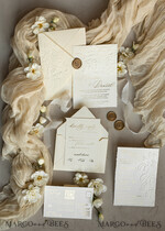 WEDDING INVITATIONS embossed invites  Fine Art Embossed Ivory Gold Wedding Invitation with  torn chiffone bow, Golden deboss Roses Floral Wedding Invitation,15