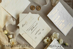 WEDDING INVITATIONS embossed invites  Fine Art Embossed Ivory Gold Wedding Invitation with  torn chiffone bow, Golden deboss Roses Floral Wedding Invitation,15