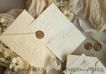WEDDING INVITATIONS embossed invites  Fine Art Embossed Ivory Gold Wedding Invitation with  torn chiffone bow, Golden deboss Roses Floral Wedding Invitation,15