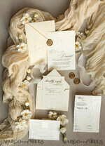 WEDDING INVITATIONS embossed invites  Fine Art Embossed Ivory Gold Wedding Invitation with  torn chiffone bow, Golden deboss Roses Floral Wedding Invitation,15